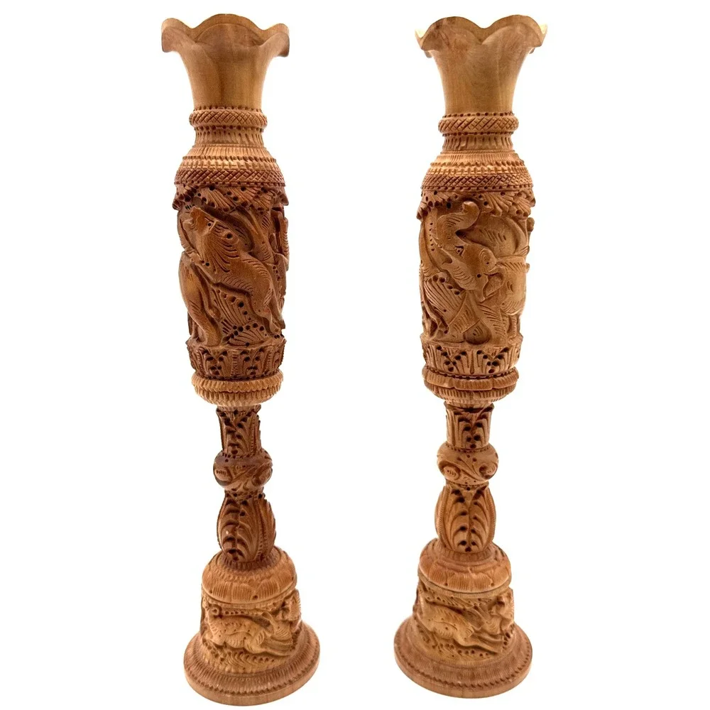 Pair Hand Carved‎ Wooden Flower Bud Vase Elephants Lions Home Garden Decor Art